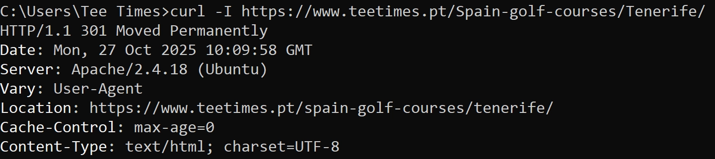 Terminal showing curl -I command confirming 301 redirect from incorrect URL variant to canonical