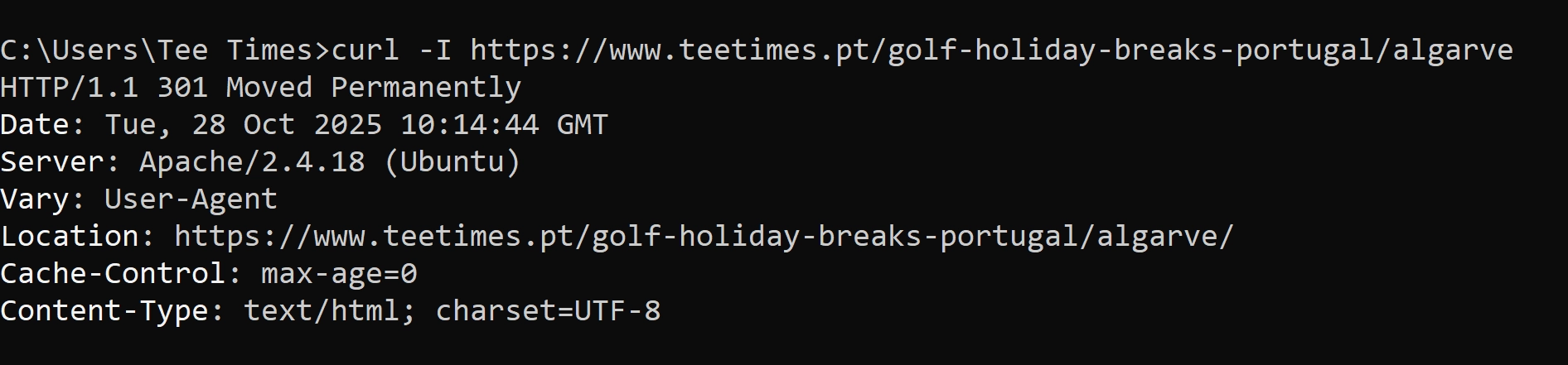 Terminal showing curl -I command confirming trailing slash redirect is working correctly