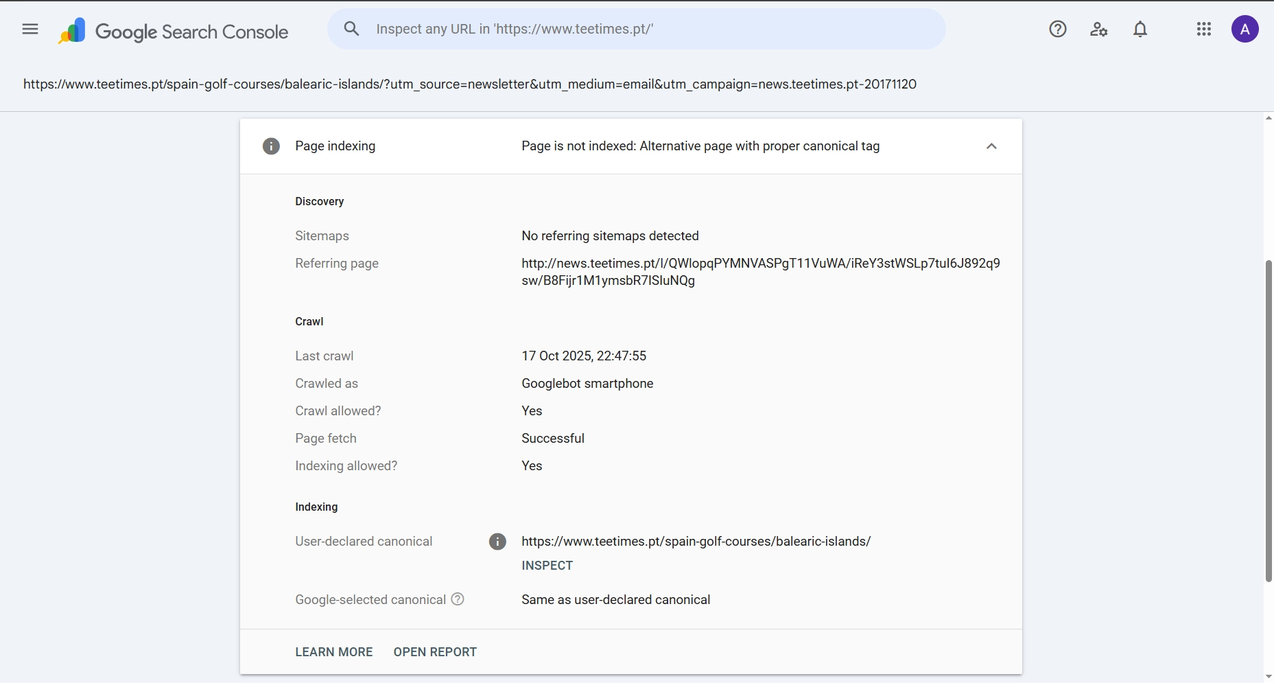 Google Search Console showing user-declared canonical correctly identified and indexed