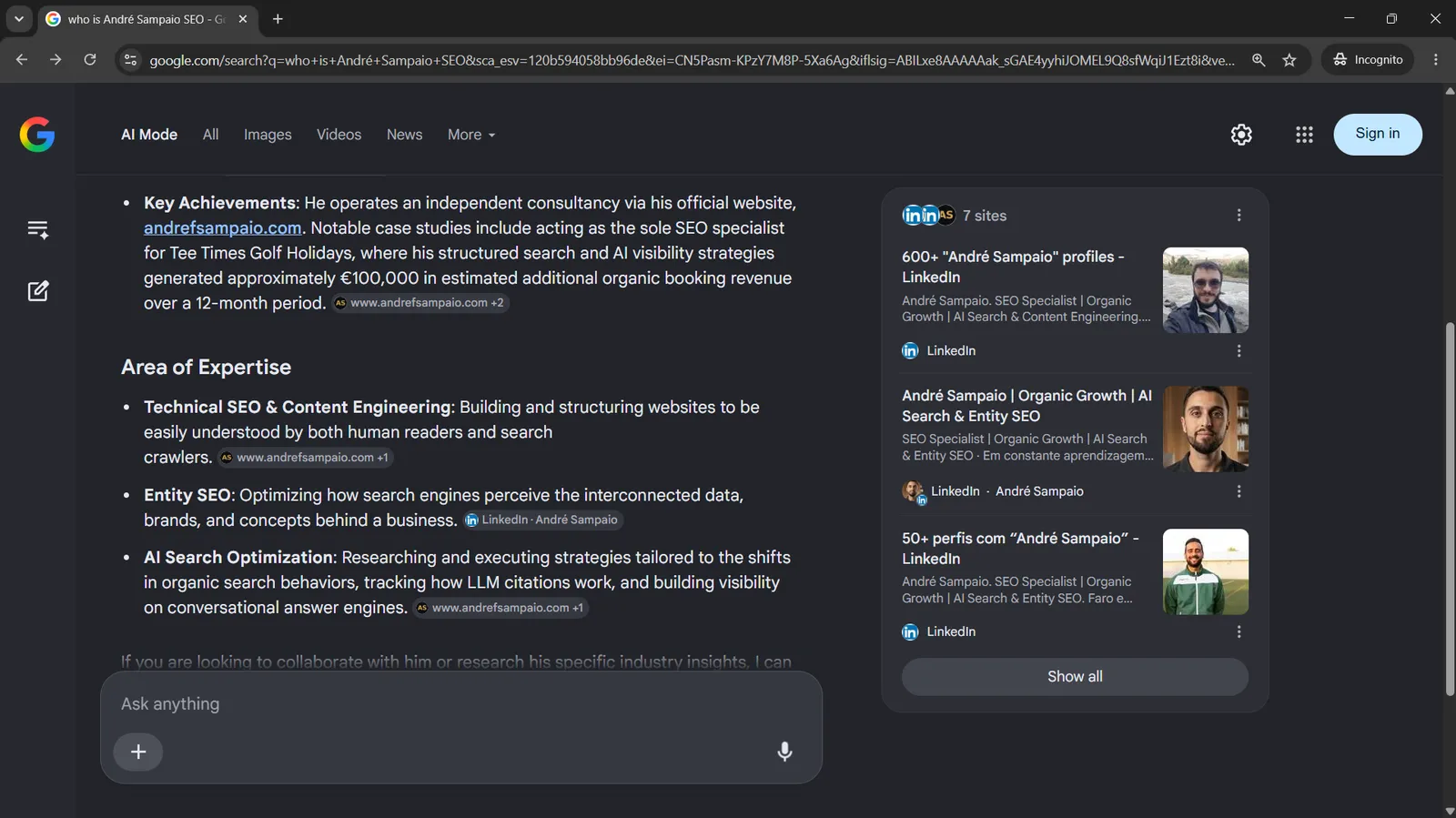Google AI Mode entity answer describing Andre Sampaio and citing the 100K euro Tee Times case study from andrefsampaio.com under key achievements