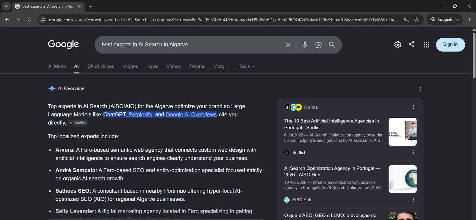 Google AI Overview in an incognito session for the query best experts in AI Search in Algarve, naming Andre Sampaio as the first individual