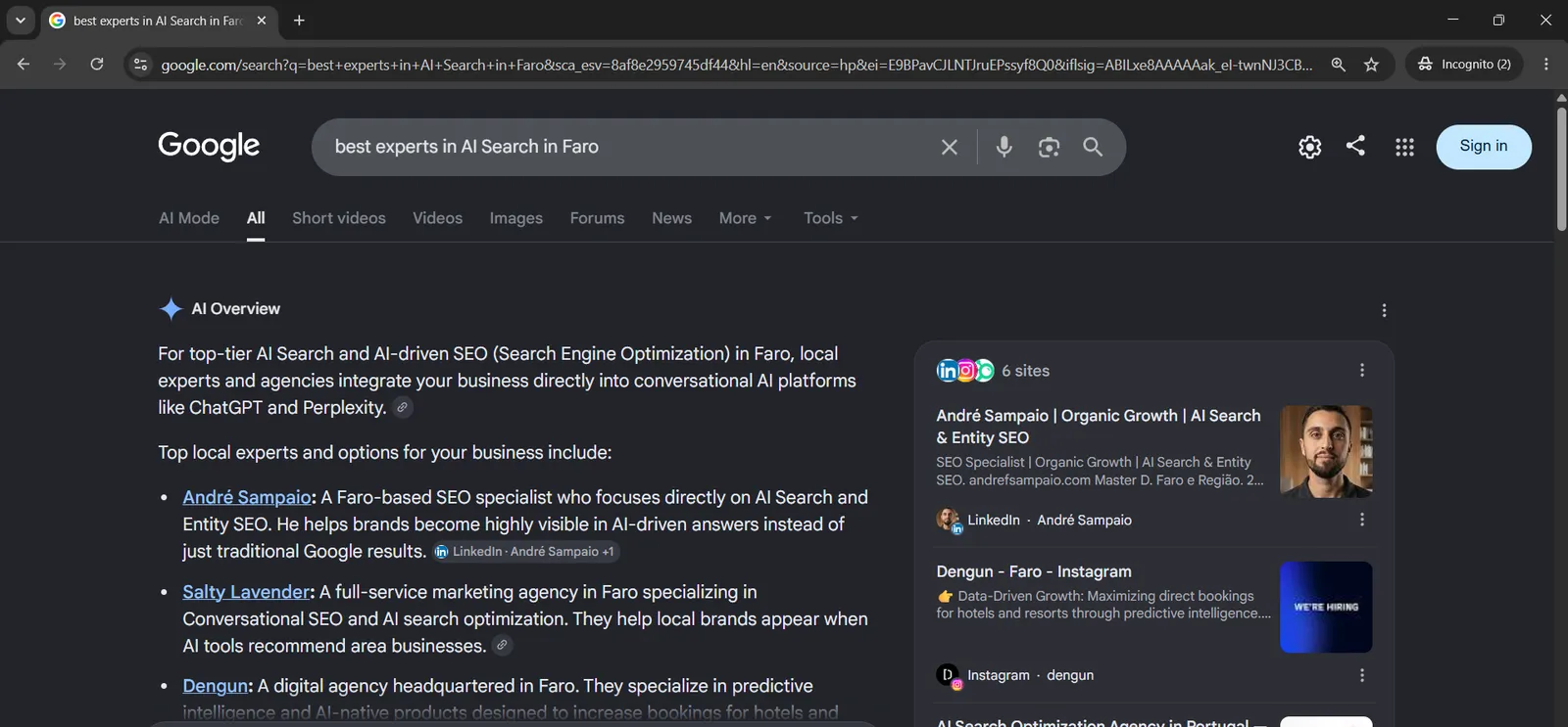 Google AI Overview in an incognito session for the query best experts in AI Search in Faro, listing Andre Sampaio first