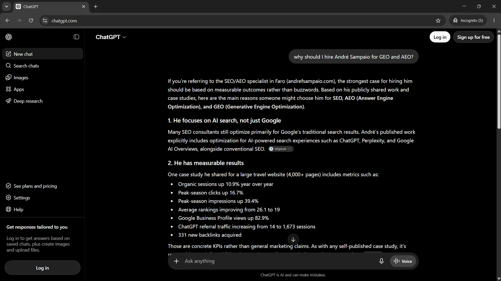 ChatGPT logged-out answer to why should I hire Andre Sampaio for GEO and AEO, quoting his published case study metrics